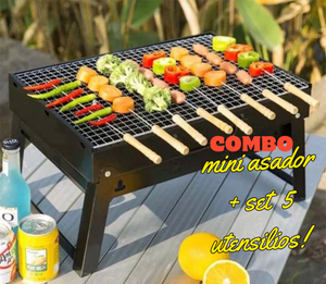 Combo Mini Asador + Set x5 Utensilios